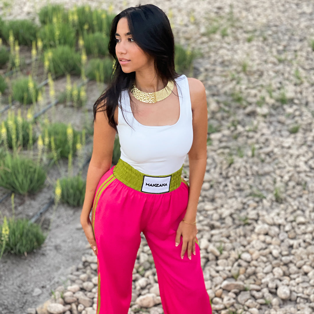 Double waist Fuchsia Joggers with Green Stripe