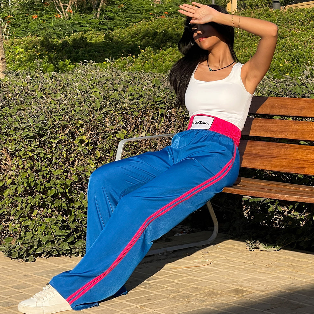 Double waist Blue Joggers with Fuchsia Stripe