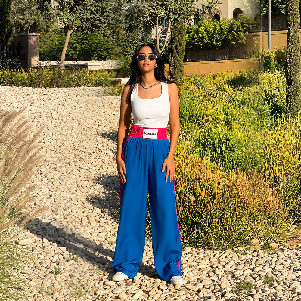 Double waist Blue Joggers with Fuchsia Stripe