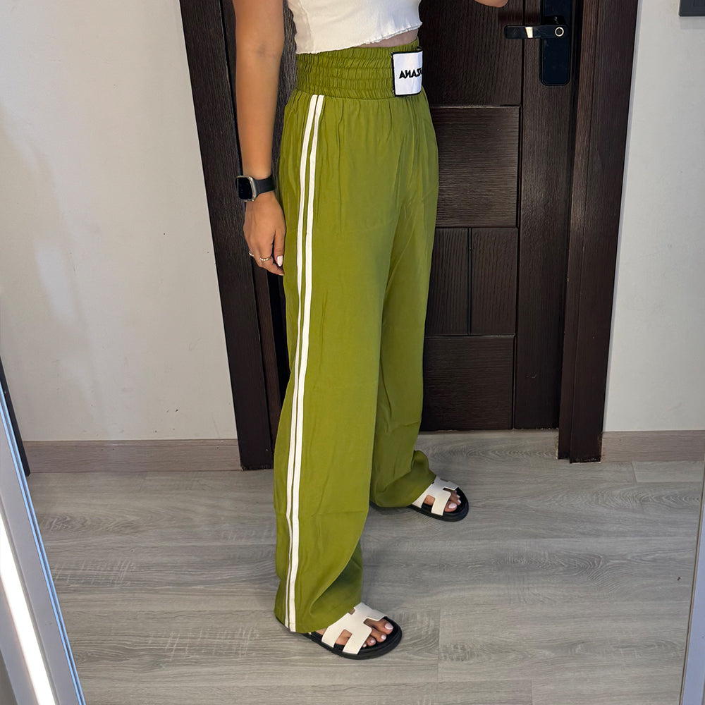 Double waist Green Joggers with White Stripe