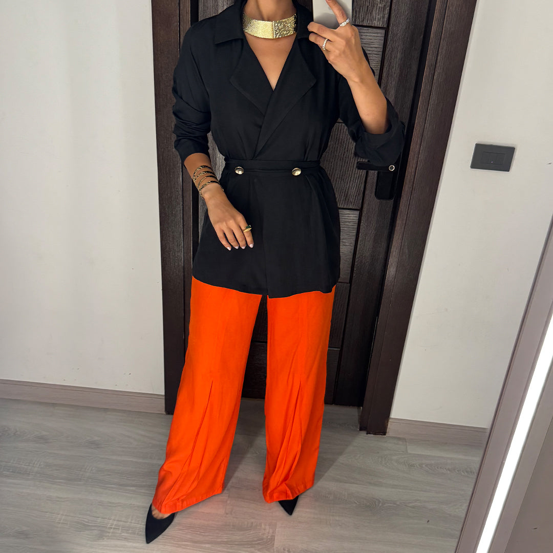 Black & Orange Satin Voile Wide-Leg Set