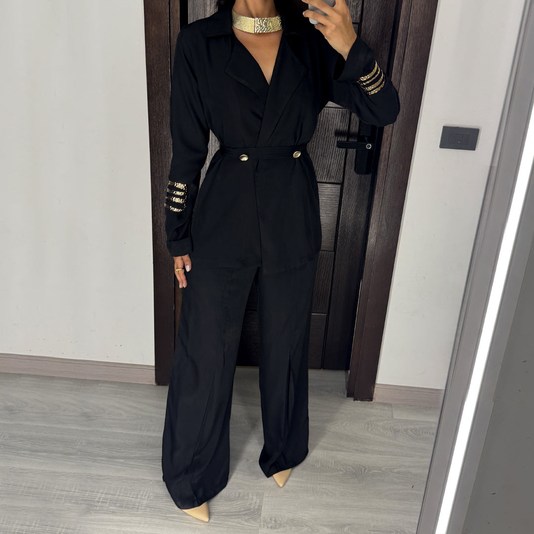 Black Satin Voile Wide-Leg Set