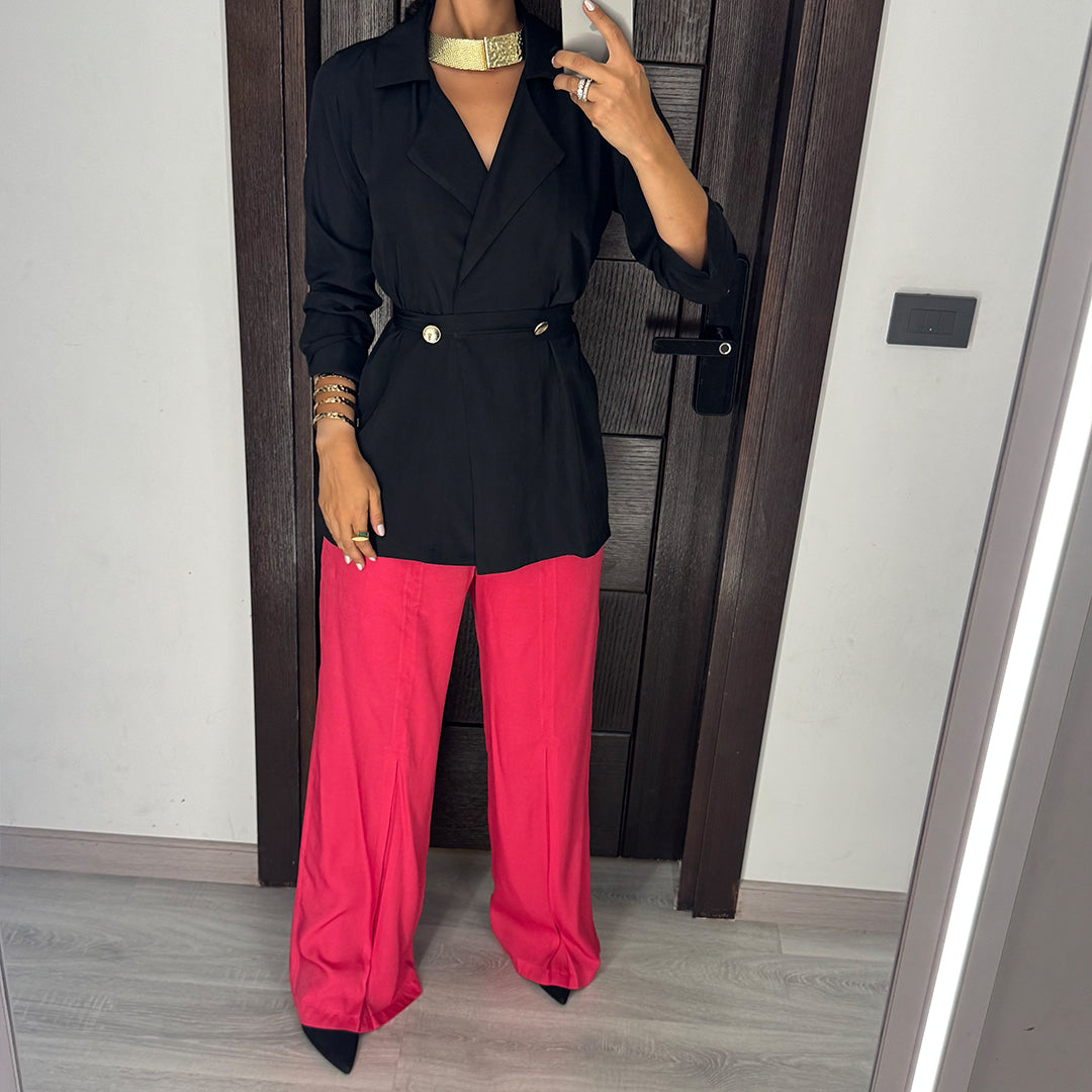 Black & Fuchsia Satin Voile Wide-Leg Set