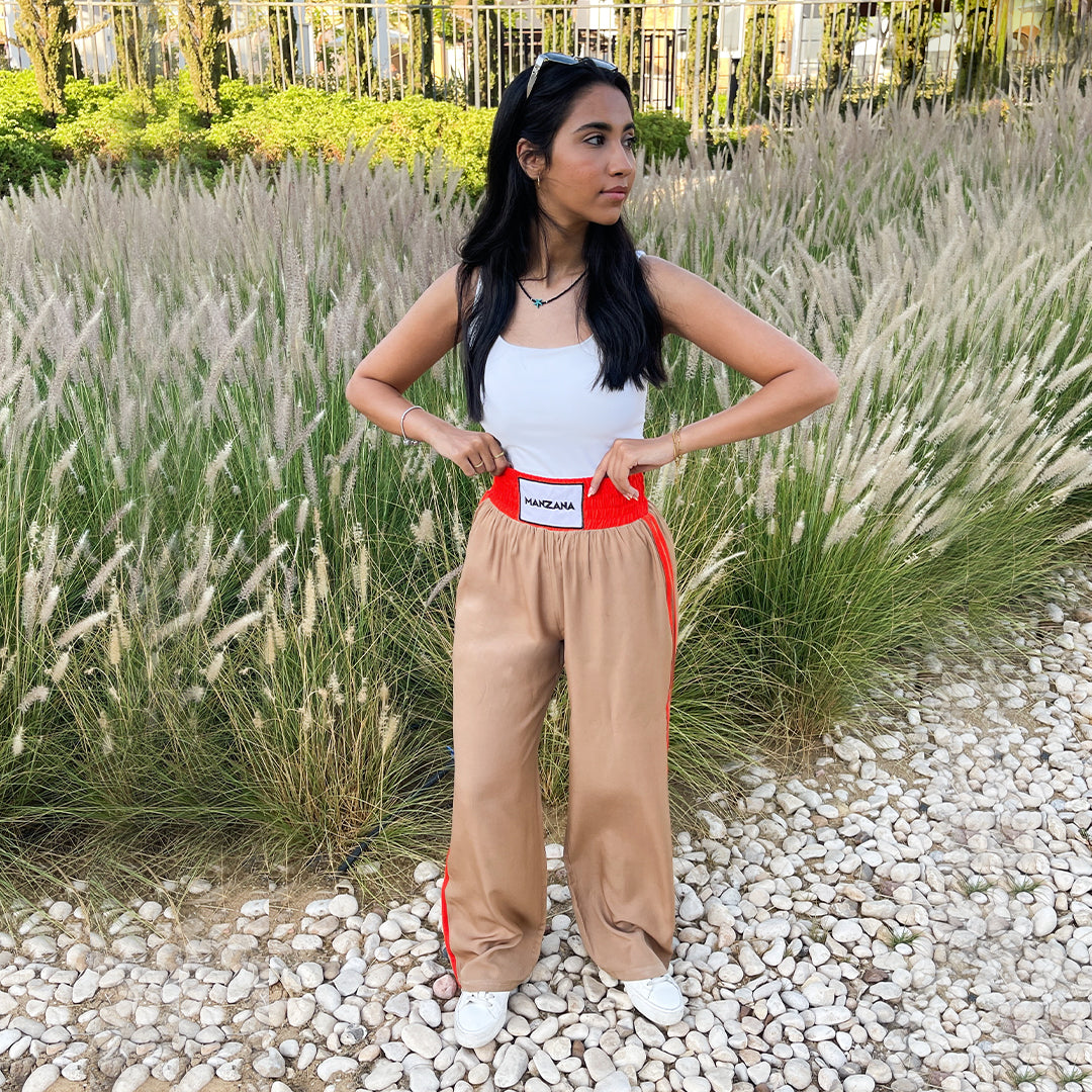 Double waist Beige Joggers with Orange Stripe