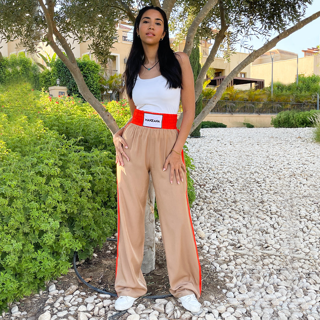 Double waist Beige Joggers with Orange Stripe