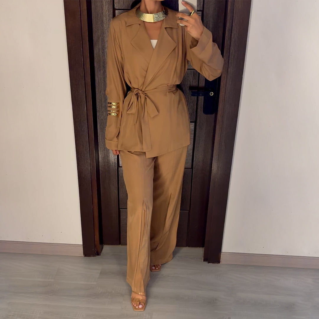 Beige Satin Voile Wide-Leg Set
