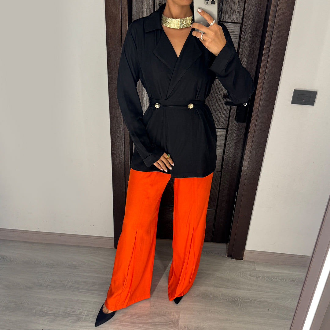 Black & Orange Satin Voile Wide-Leg Set