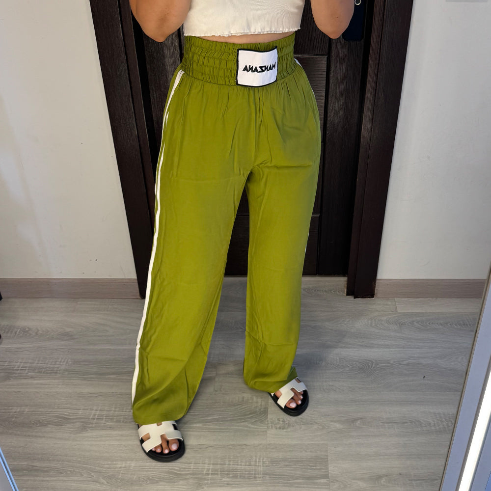 Double waist Green Joggers with White Stripe