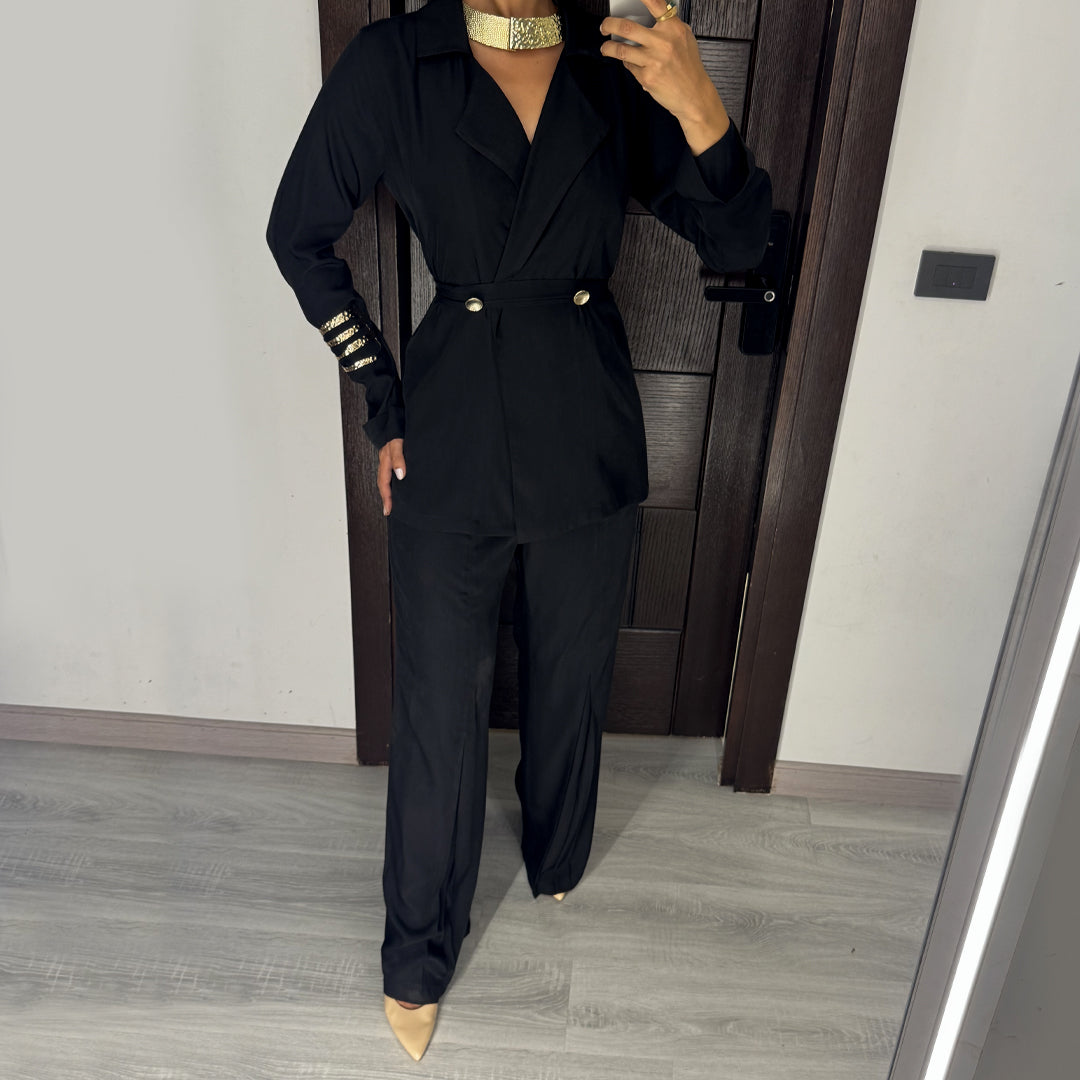 Black Satin Voile Wide-Leg Set