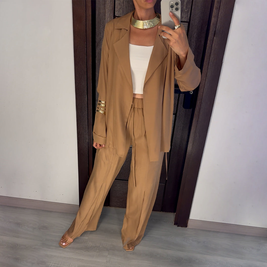 Beige Satin Voile Wide-Leg Set