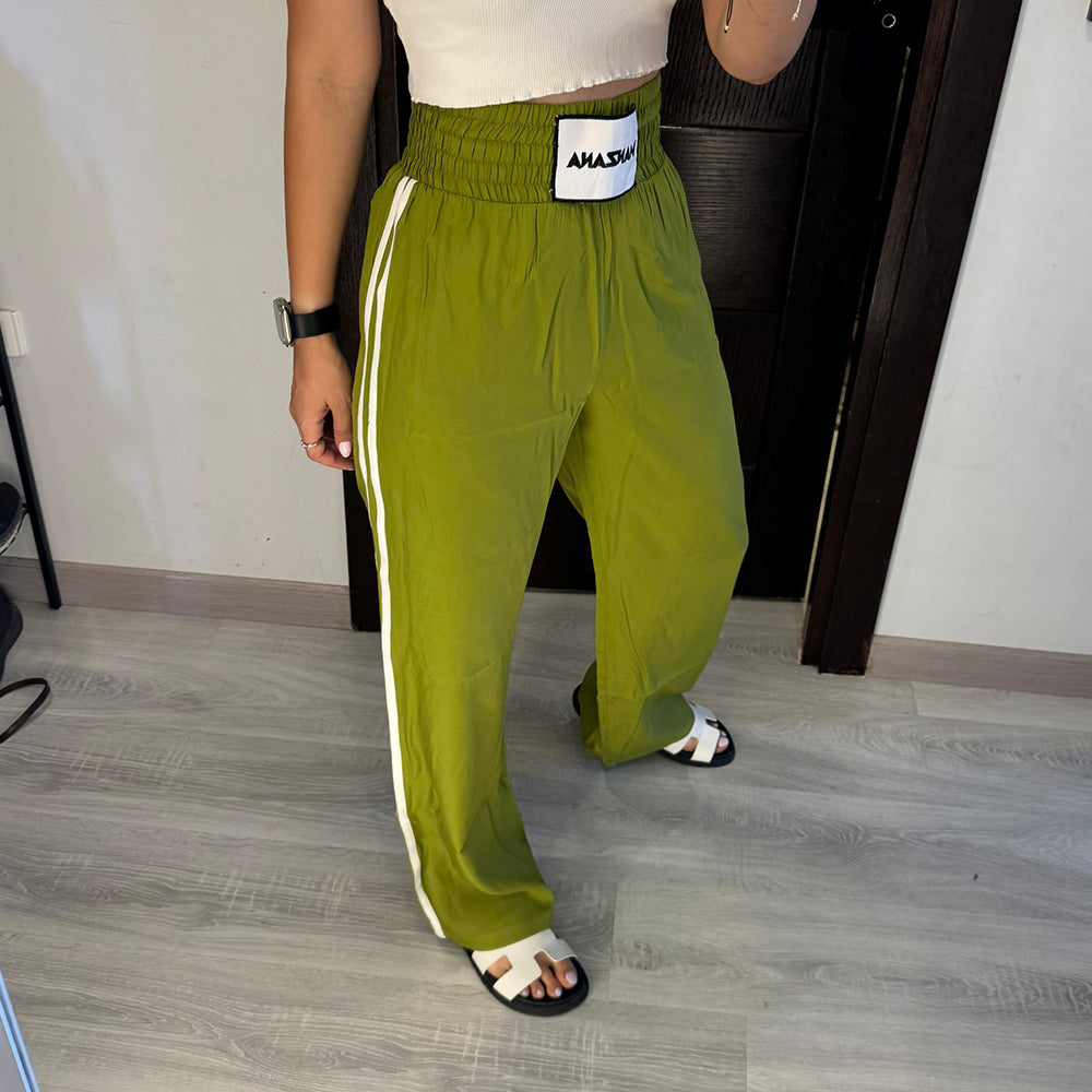 Double waist Green Joggers with White Stripe