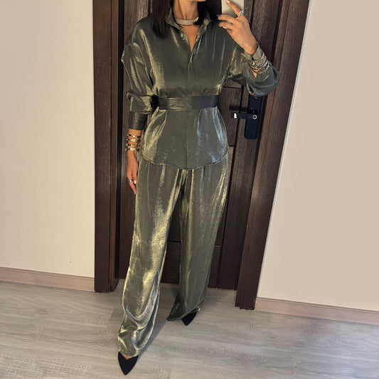 Metallic Green Oversize Satin Set