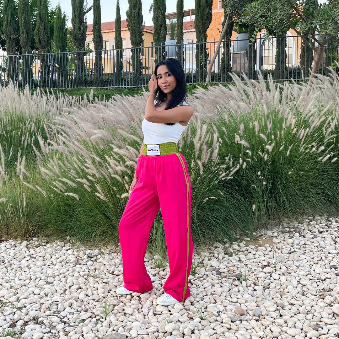 Double waist Fuchsia Joggers with Green Stripe