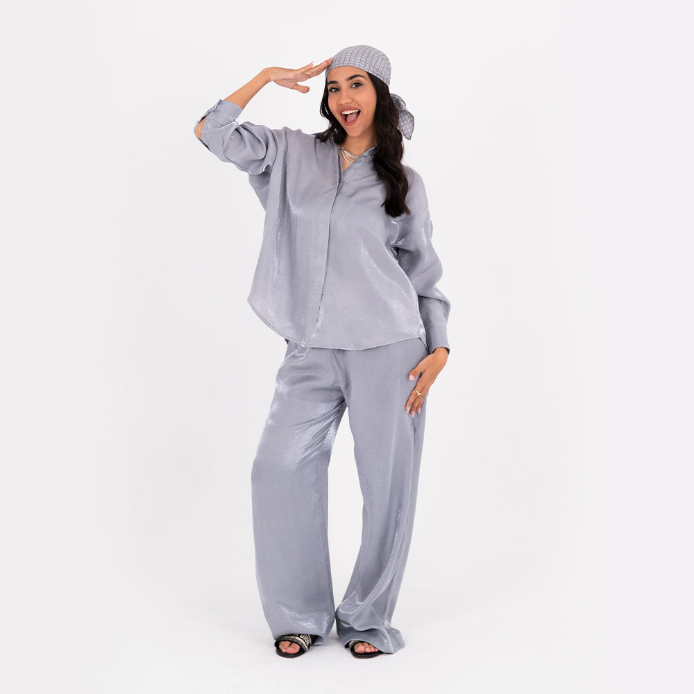 Silver Oversize Satin Set