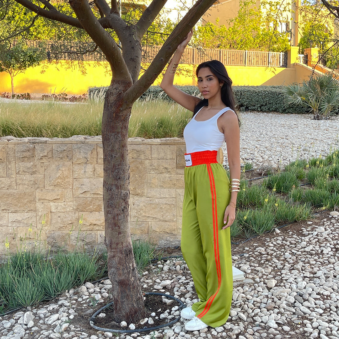 Double waist Green Joggers with Orange Stripe