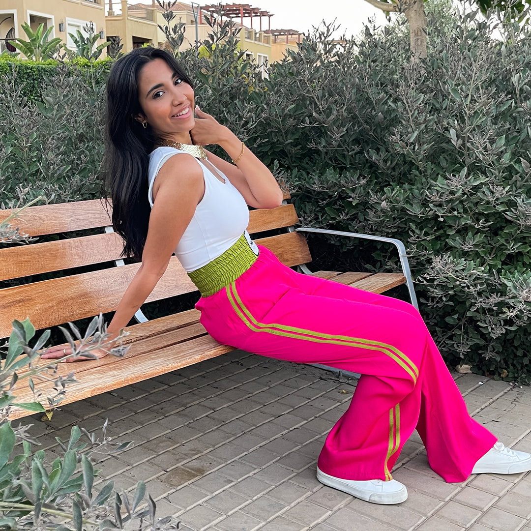 Double waist Fuchsia Joggers with Green Stripe