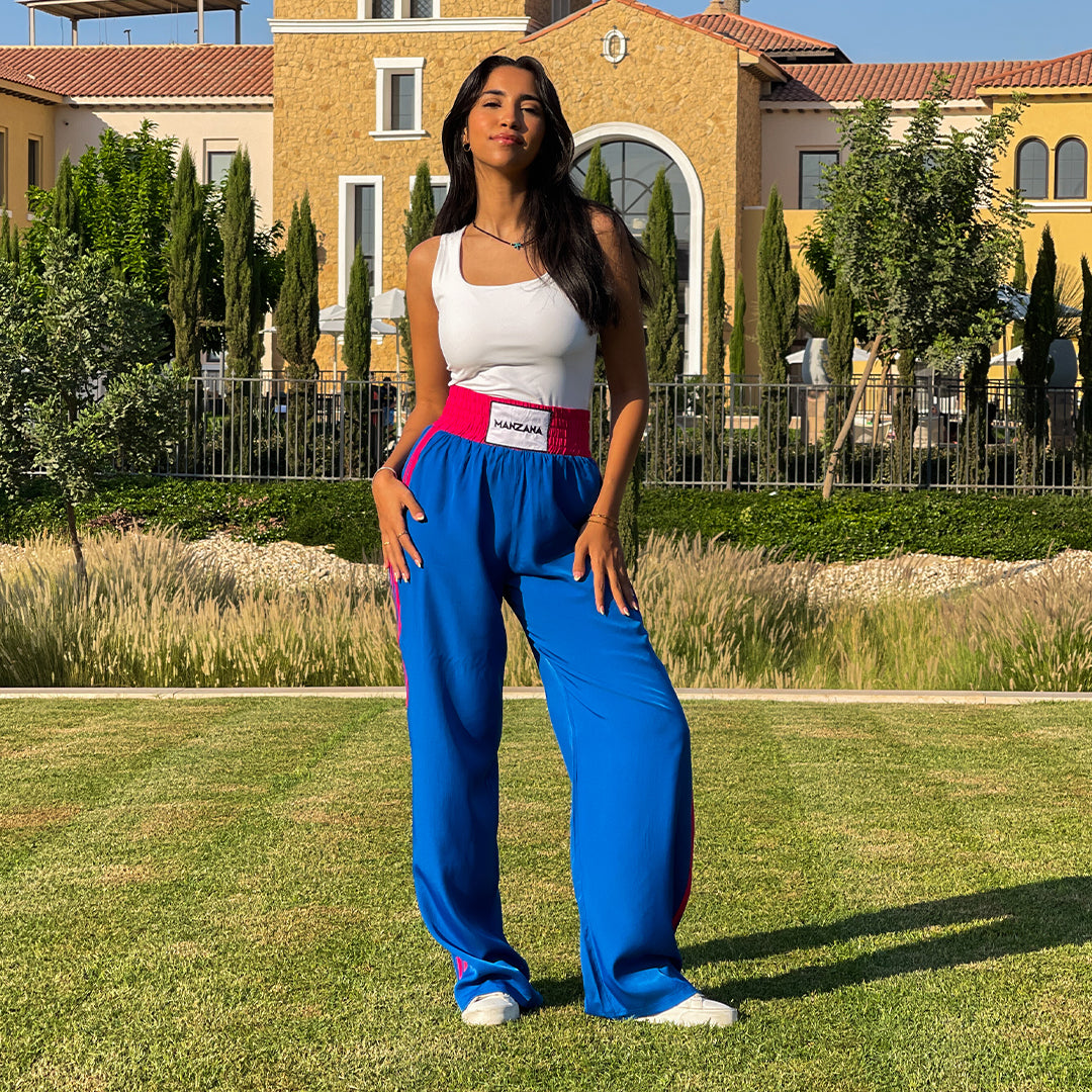 Double waist Blue Joggers with Fuchsia Stripe