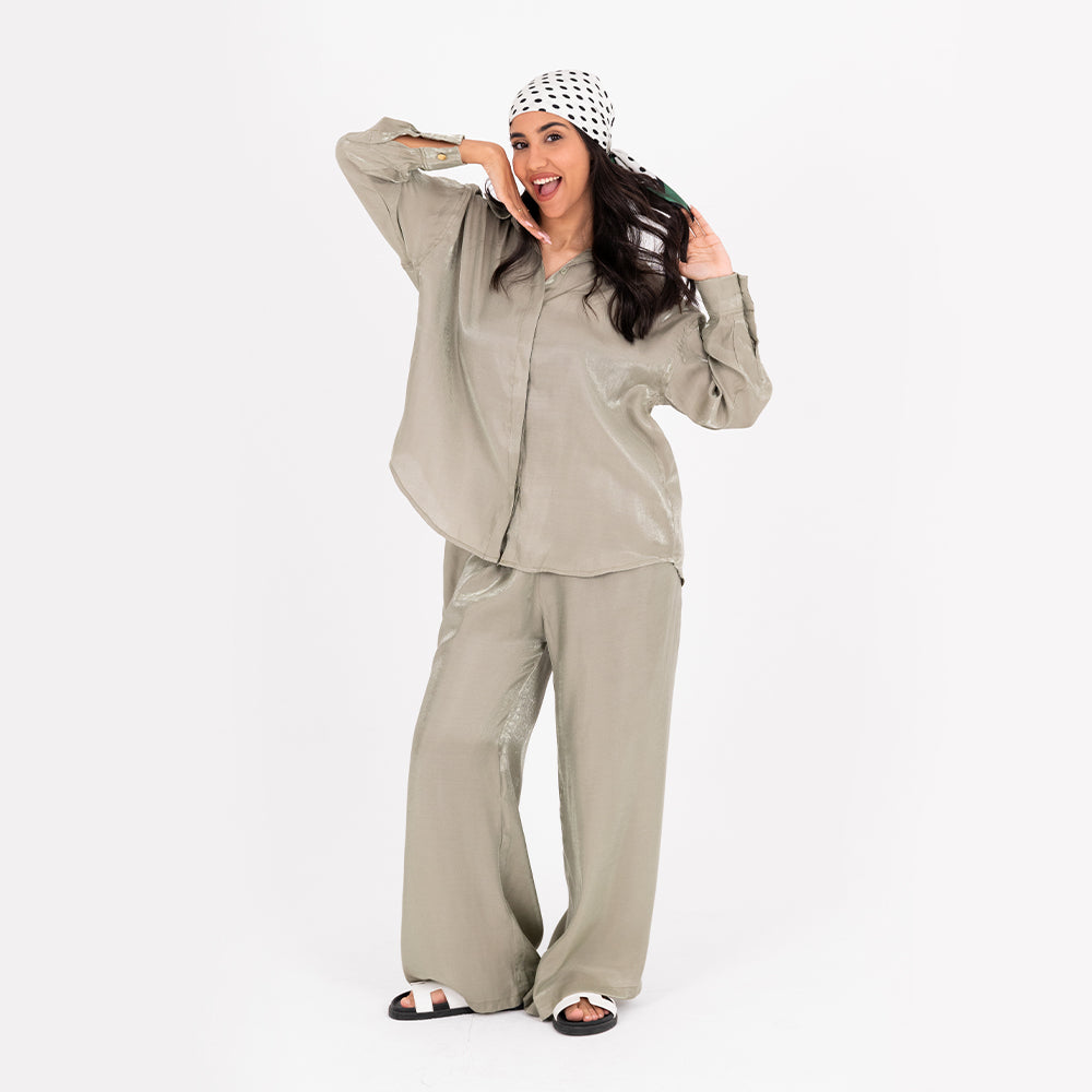 Olive Oversize Satin Set
