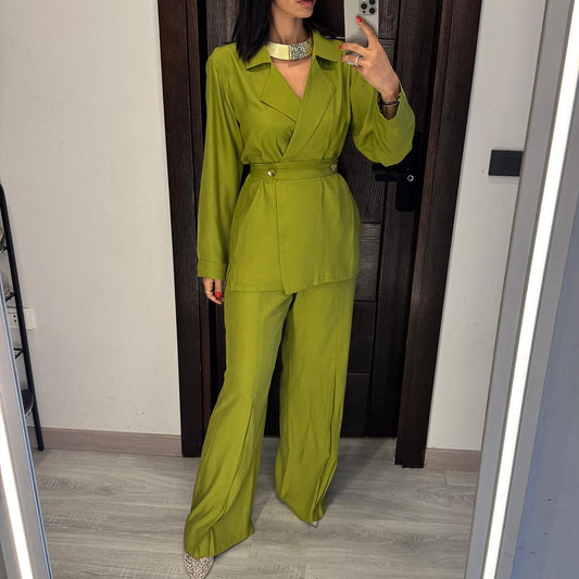 Green Satin Voile Wide-Leg Set