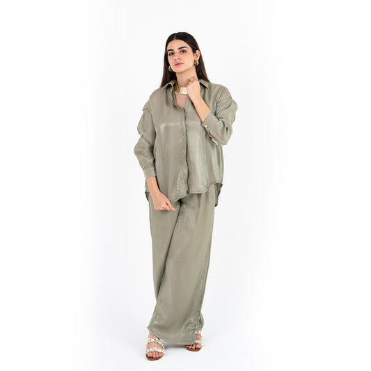 Olive Oversize Satin Set