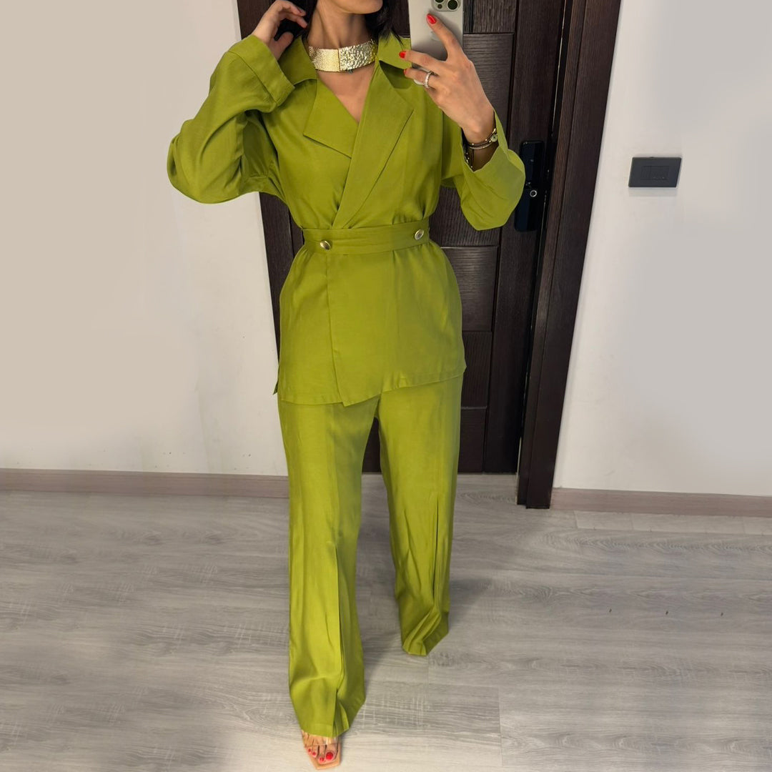 Green Satin Voile Wide-Leg Set