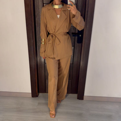 Beige Satin Voile Wide-Leg Set