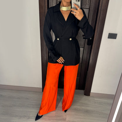 Black & Orange Satin Voile Wide-Leg Set