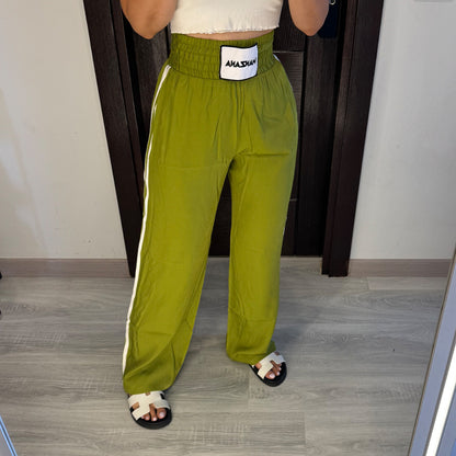 Double waist Green Joggers with White Stripe