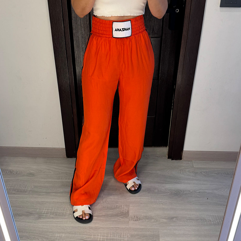 Double waist Orange Joggers with Black Stripe