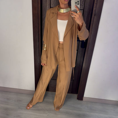 Beige Satin Voile Wide-Leg Set